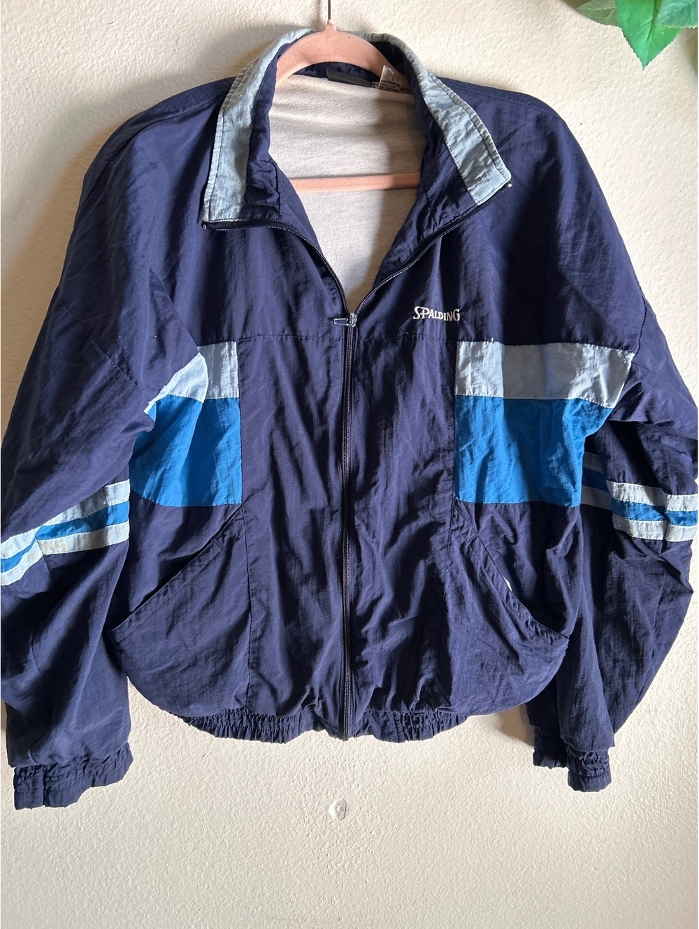 Vintage Spalding Navy Blue Windbreaker Jacket with Blue and Light Blue Stripes